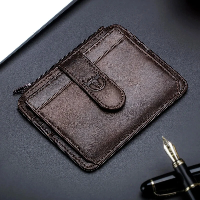 (image for) BULLCAPTAIN Men's Genuine Leather RFID Blocking Wallets, Thin Zipper Short Wallet Multiple Card Slots Coin Purse Holder Mini Business Wallet, Gifts To Mens Birthday